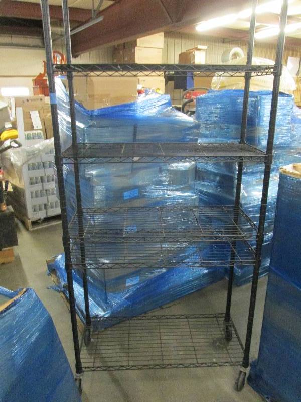 lot 96 image: 2 black wire metal shelving on whee...