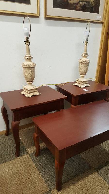 lot 31 image: Wood Coffee End Table Set.  Dark wood finish.