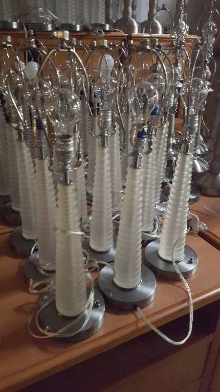 lot 36 image: 20 Modern Tables. Brushed Nickle and Glass.  Includes shades