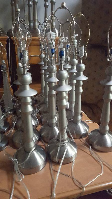 lot 38 image: 20 Gray and brushed nickle modern Table Lamps. Shade Included. Huge Commercial Lot