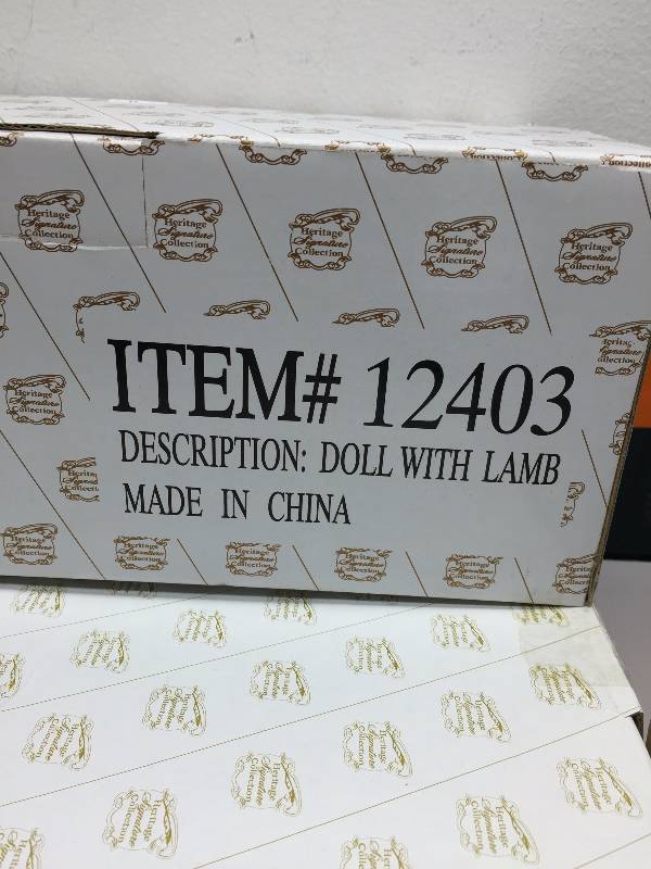 HERITAGE SIGNATURE COLLECTION PORCELAIN DOLL - DOLL WITH LAMB & TRIO OF ANGELS