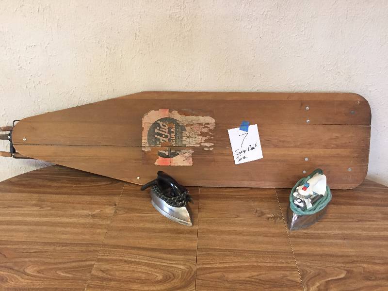 VINTAGE IRONING BOARD AND IRONS