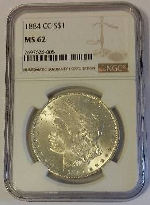 NGC Certified 1884 CC (Carson City Mint)Morgan Silver Dollar in MS62 Condition