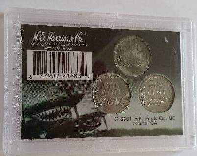 1943 Philadelphia, Denver and San Francisco Steel Wartime Emergency Issue Pennies in a Decorative Holder