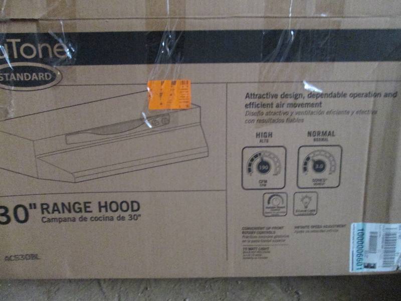 lot 483 image: nutone 30 black range hood open bo...
