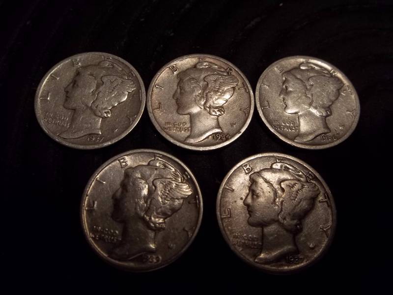 1934 D, 1936 D, 1937 D, 1937 S, 1939 Mercury Dimes