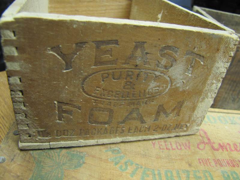 Vintage Wooden Cheese,  yeast, ink Etc