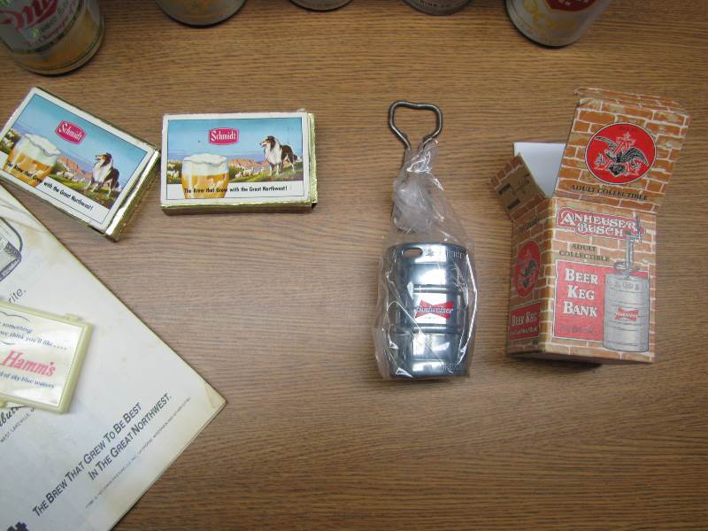 Budweiser Bank - Old Beer Cans - Hamms Bottle Opener - Schmidt Beer Tap