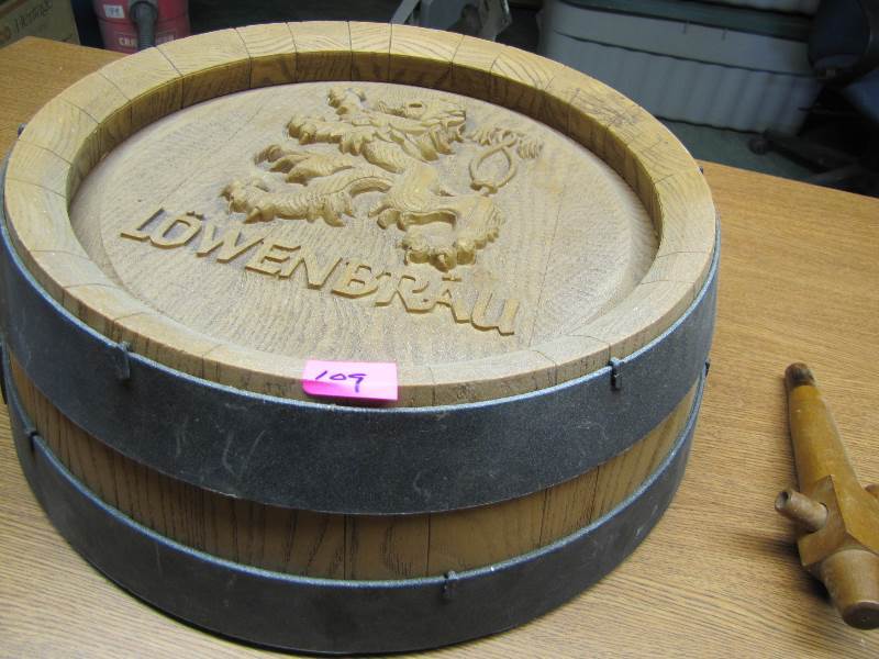 Lowenbrau Plastic Barrel Top & Wooden Wine Tap