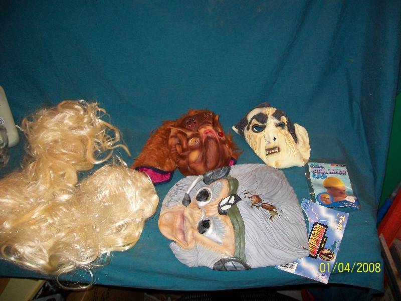 lot 44 image: Adult Troll Mask & Kid Masks Bat with 1 Red Eye & Dracula & Long Blond Wig & Cool Mesh Cap.