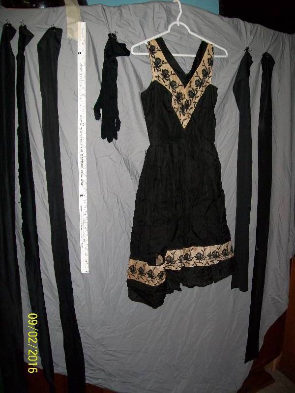 lot 8 image: Adult Costume Decorative Flower trim Vintage Dress, Sleeves removed with 5 Sashes & 1 Fancy Glove.