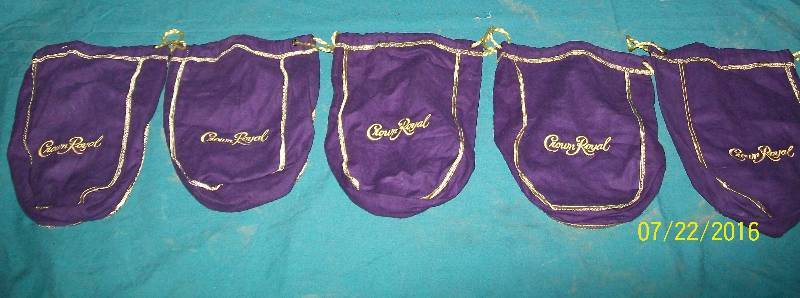 lot 79 image: 10 Crown Royal Cloth Bags. Great for Arts, Crafts, Costume accessories.