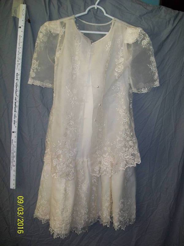 lot 26 image: Adult CostumeWhite-ish Satin Dress with Shear Cover Jacket with Intricate Floral Design