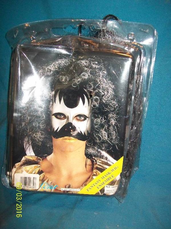 lot 52 image: Adult Costume MaskFantasy White Face Mask with Black Design & Wig Ensemble.