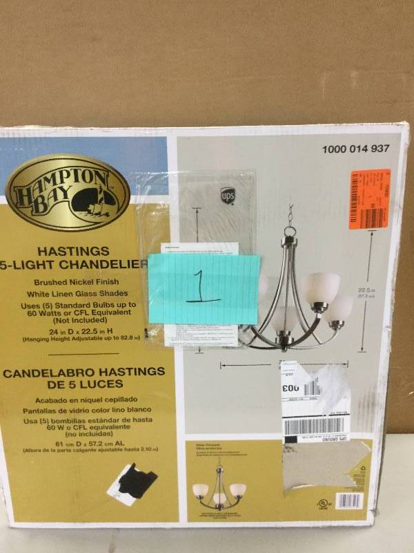 lot 1 image: Hampton Bay Hastings 5 light Chandelier in original Box - Open box never used