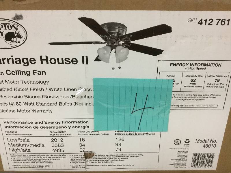 lot 4 image: Hampton Bay Carriage House II 52 in Ceiling Fan Never used in original Box