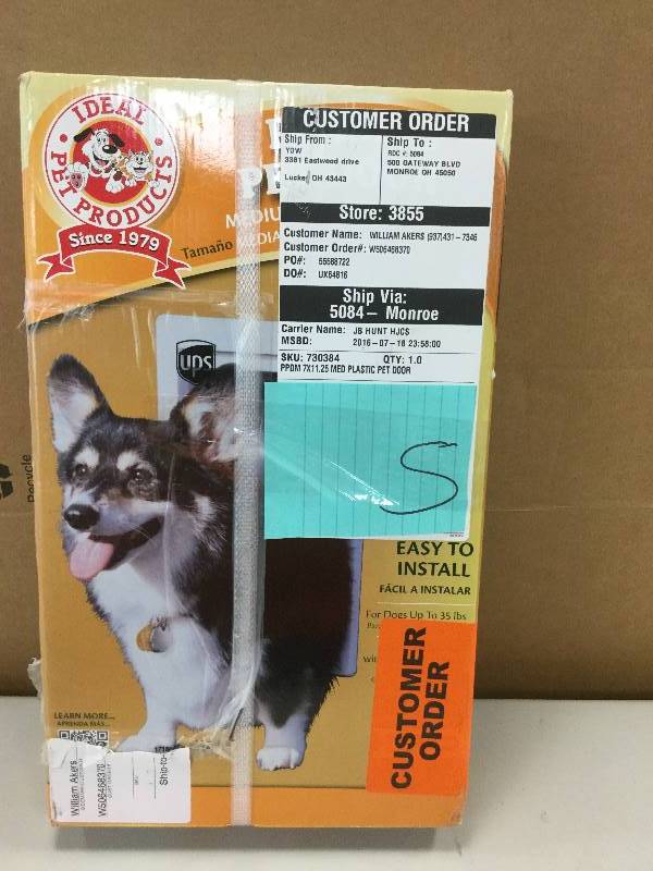 lot 5 image: Ideal Doggie Door with Telescoping Frame New Sealed box stock picture used to display item