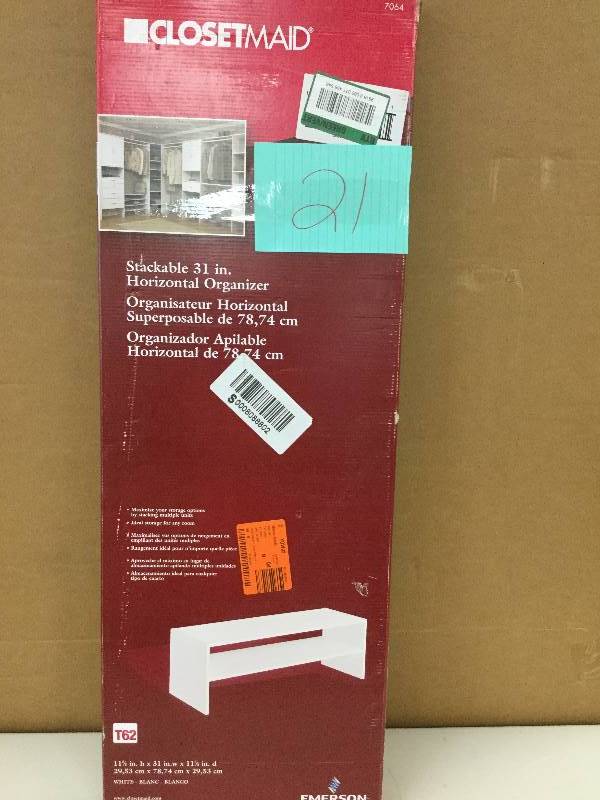lot 21 image: Closetmaid Stackable 31 in Horizontal Organizer in original box never used