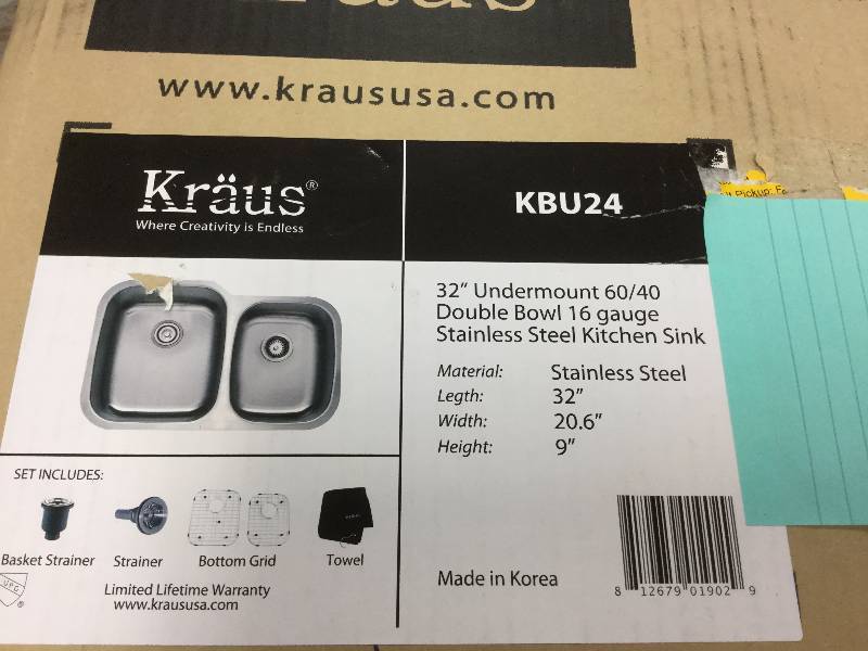 lot 40 image: Kraus KBU24 Stainless Steel 32 Double Basin 16 Gauge Stainless Steel Kitchen Sink for Undermount Installations with 6040 Split - Basin Racks and Basket Strainers Included  New in original package stock and actual pictures used