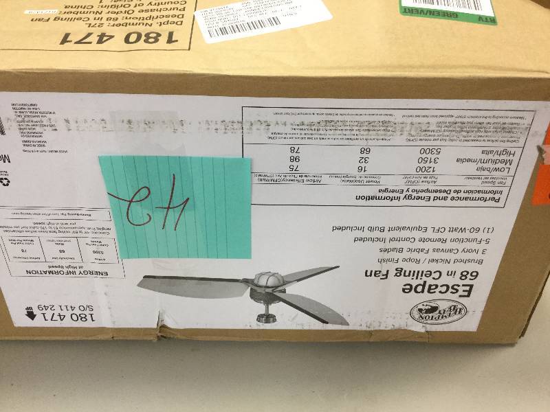 lot 42 image: Hampton Bay  Escape 68 in Ceiling Fan in original box never used
