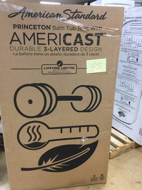 lot 65 image: Princeton Luxury Ledge 5 ft. Americast Right Hand Drain Bathtub in White New Sealed Box Stock and actual picture used