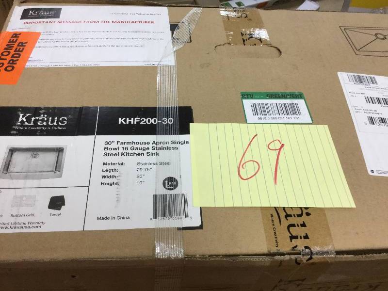 lot 69 image: Kraus Farmhouse Apron Front Stainless Steel 30 in. Single Bowl Kitchen Sink New sealed Box