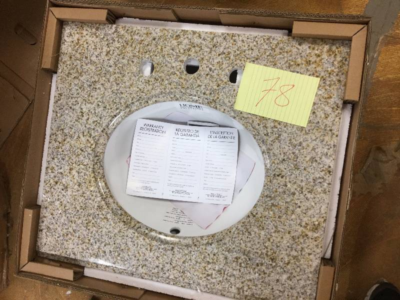 lot 78 image: Pegasus PE25682 25-Inch Granite Vanity Top with White Bowl and 8-Inch Spread never used in original Box