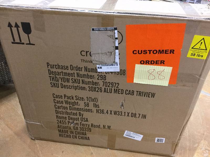 lot 88 image: Croydex Cabinets 30 in. x 26 in. Recessed or Surface Mount Tri-View Beveled Mirror New in box