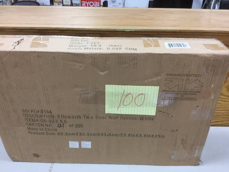 lot 100 image: Ellsworth 2 Door Wall Cabinet with Full Towel Bar and One New in original Box stock and actual pictures used