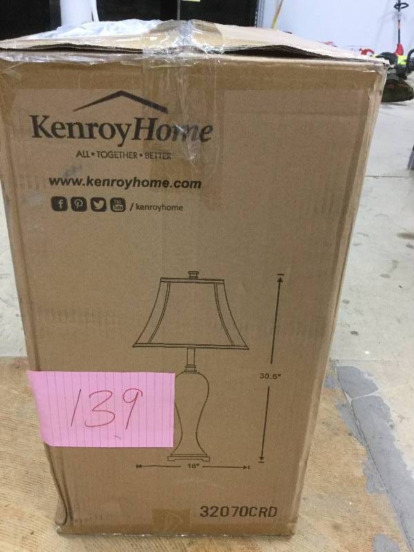 lot 139 image: Kenroy Home Table Lamp Model 32070CRD Never Used in Original box stock and actual pictures used ti display item