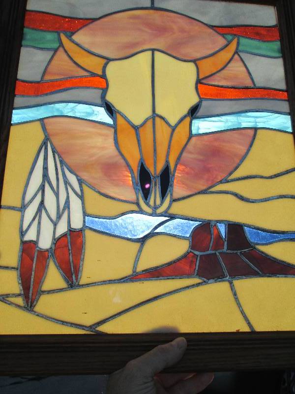 lot 3 image: Large Steers Skull & Eagle Feathers Stained Glass