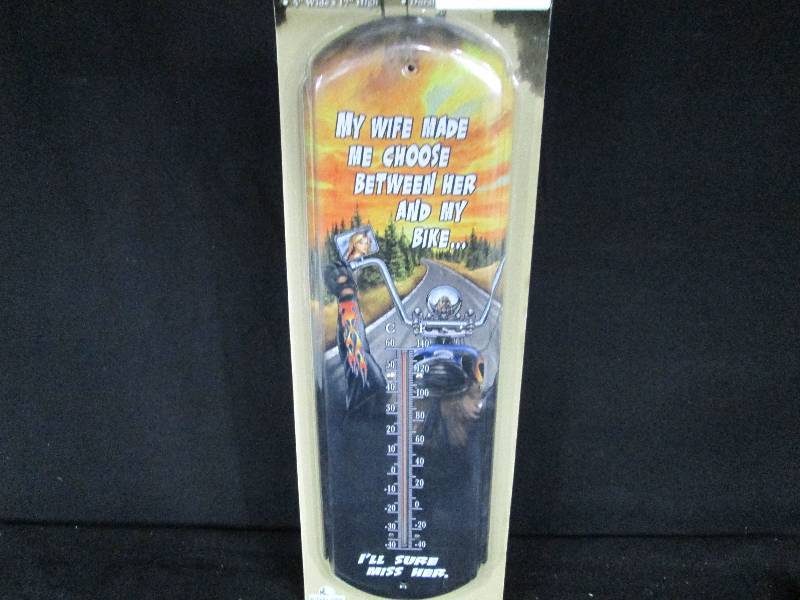 lot 86 image: The Wife Made Me Choose Tin Thermometer