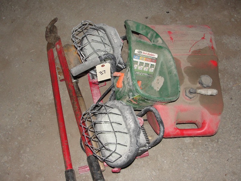 Gas can, lights, snippers, and shovel