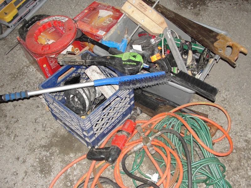 Misc. tools, cords, router, clamps, lights, air hose, saws