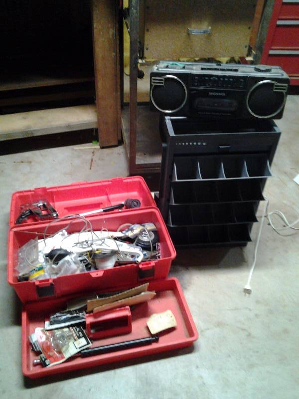 lot 15 image: Tool Box & Contents, Plano OrganizerCaddy, Magnavox RadioCassette