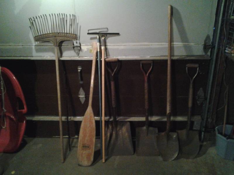 lot 58 image: Old Shovels, Metal Rake, Wood Paddle, Misc
