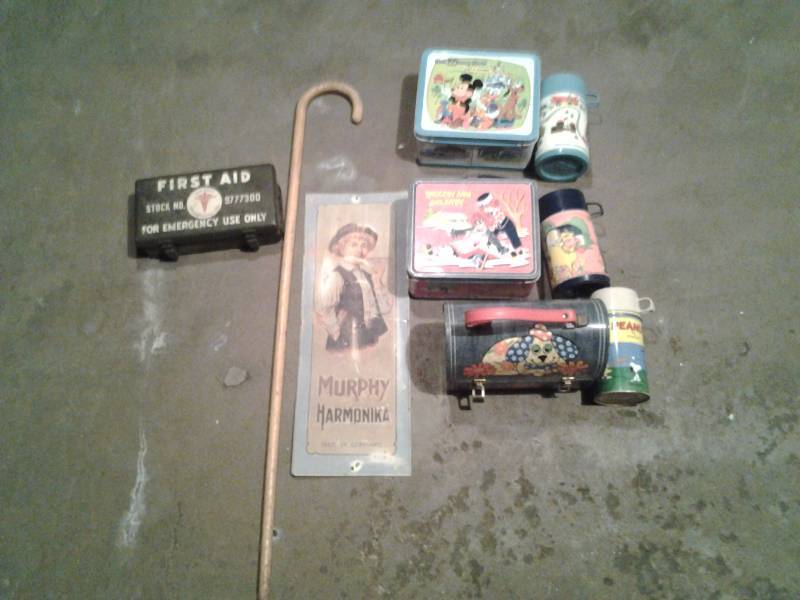 lot 73 image: Lot Of Collectibles Lunch Boxes With Thermos, Army 1st Aid Kit, Old Cane, Tin Sign