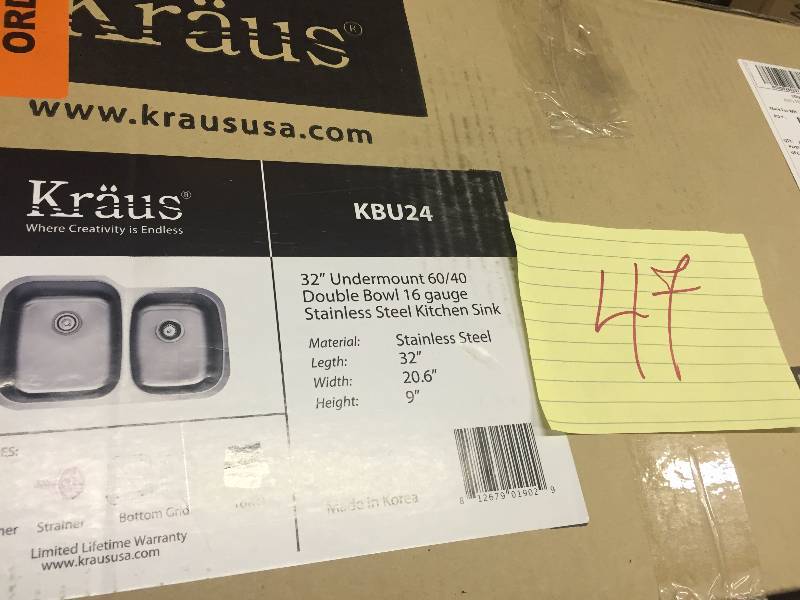 lot 47 image: Kraus KBU24-KPF1621-KSD30 32 Undermount Double Bowl Stainless Steel Kitchen Sink NEW in Original box stock and actual pictures used