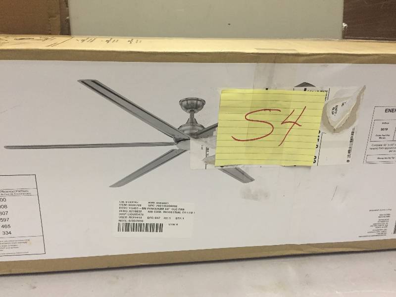 lot 54 image: Home Decorators Collection Ceiling Fans Fenceham 84 in. Brushed Nickel Ceiling Fan New in original box actual and stock photos used to display item