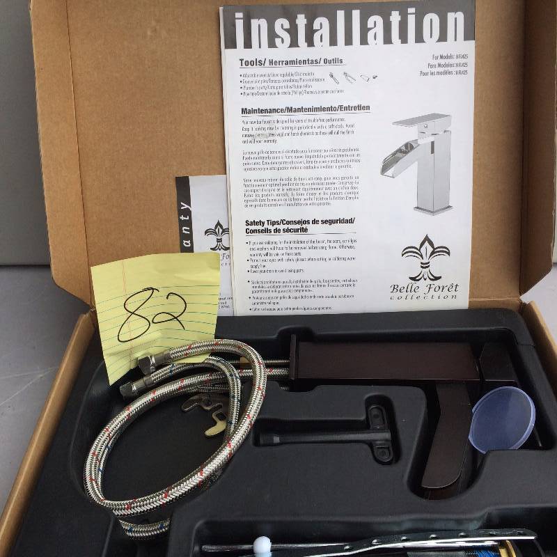lot 82 image: Belle Foret Single Hole 1 Handle Mid Arc Bathroom Faucet in Oil Rubbed Bronze Never used in original box stock and actual pictures used to display item