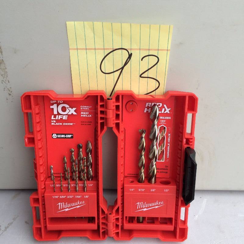 lot 93 image: Milwaukee Cobalt Steel secure Grip Drill Bit set missing couple pieces never used