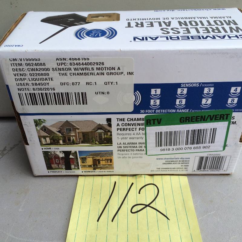 lot 112 image: Chamberlain wireless motion alert never used
