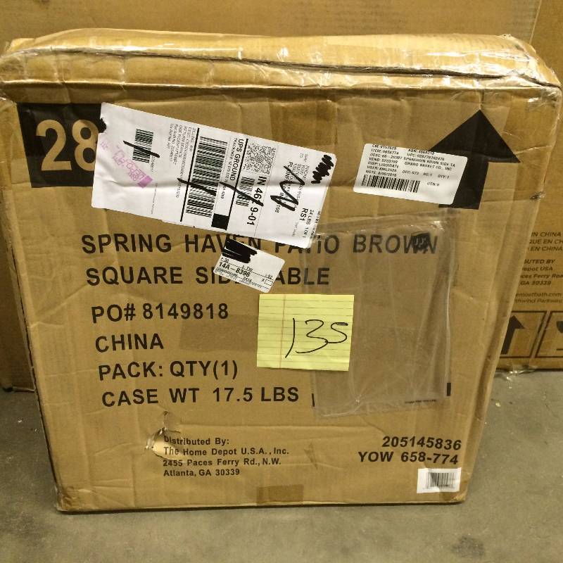 lot 135 image: Spring Haven Patio Brown Square Side Table Never used in original Pkg stock and actual photos used