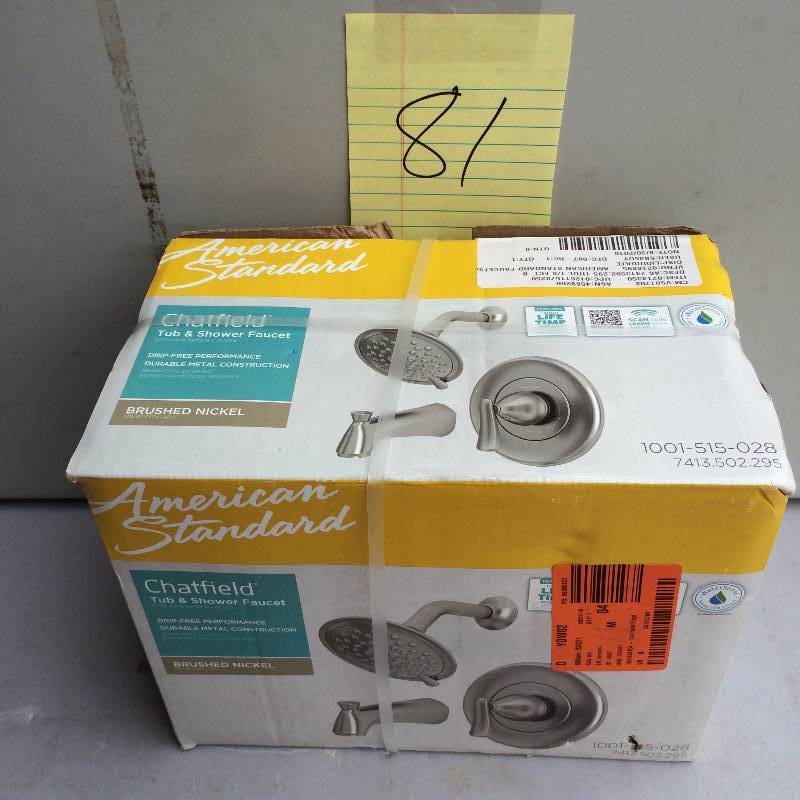 lot 81 image: American Standard  Chatfield Bath  1 Handle Tub and shower Faucet in brushed nickel New Sealed Box