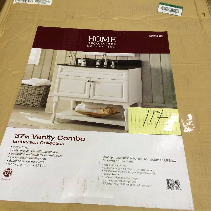 lot 117 image: Home Decorators Emberson 37 in Vanity in White with Granite Vanity Top in Butterfly New Sealed Box