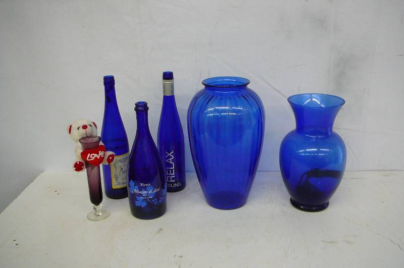 blue glass vase & bottles