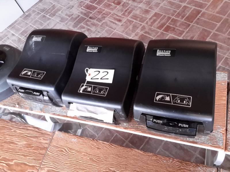 2 Toilet paper dispenses, 3 towel dispensers