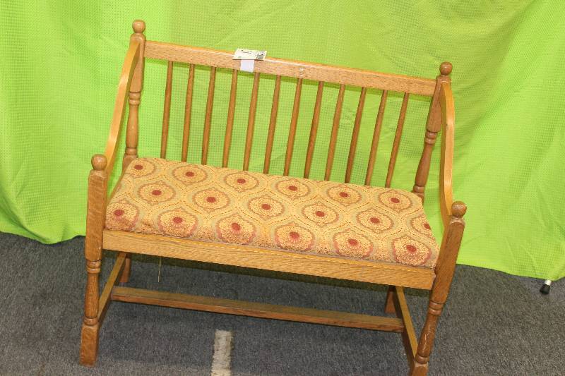 Oak bench seat wcane back and newly recovered seat cushion