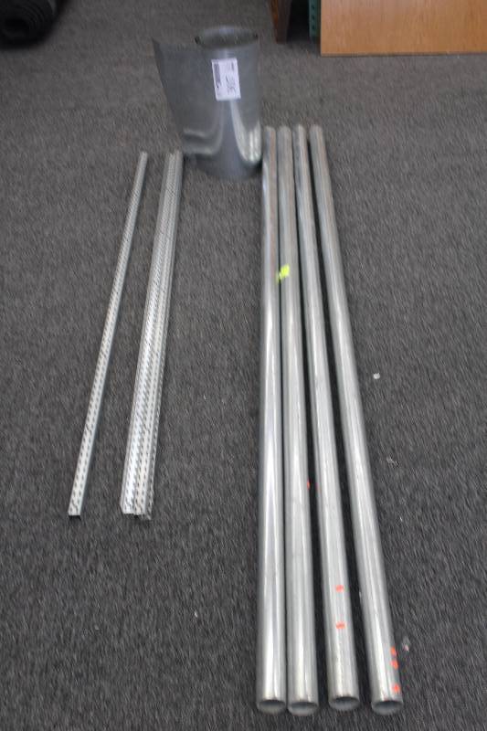 Roll of tin 20 x 12, 4 pieces of conduit 8 x 2 12  diameter, commercial shelving brackets