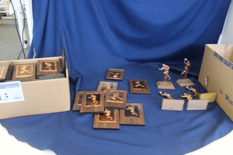 Box of copper plate baseball plaques and misc. sports trophies
